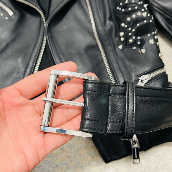 Like New MICHAEL Michael Kors Studdded Belt Biker Jacket 100% Real Lamb Leather - Picture 10 of 14